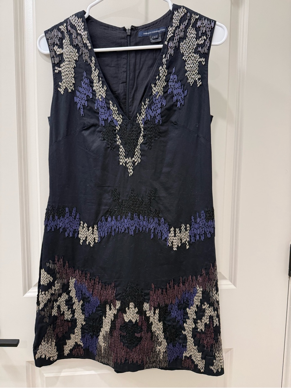 French Connection Beaded Geometric Tribal Shift Dress Navy Sz 4 Y2K Sleeveless
